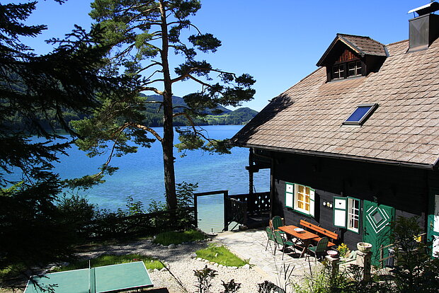 Blick auf Teil eines Hauses, im Hintergrund Baum und See